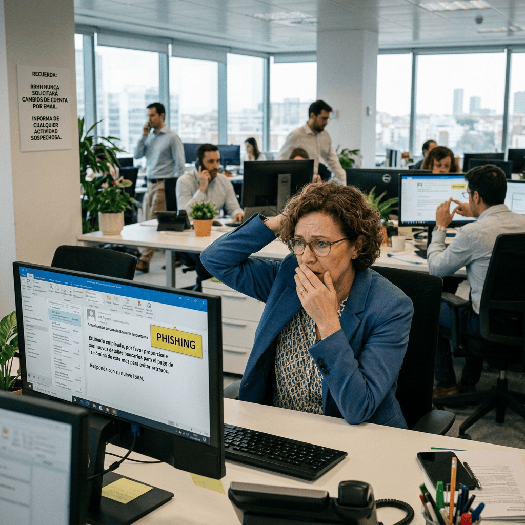 Employee sees “PHISHING” warning; Spanish notices warn against requesting account changes by email.