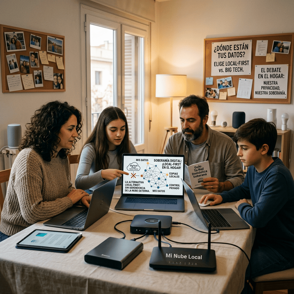 Family discussing local-first technology, digital sovereignty, and private data.