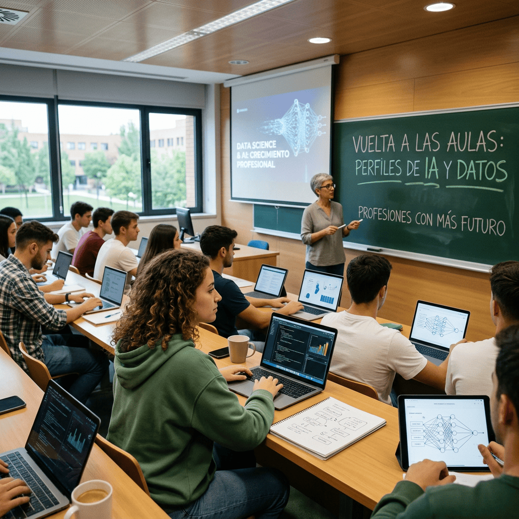 Classroom with students using laptops; text reads “VUELTA A LAS AULAS: PERFILES DE IA Y DATOS” and “PROFESIONES CON MÁS FUTURO”; screen reads “DATA SCIENCE & CRECIMIENTO PROFESIONAL”.