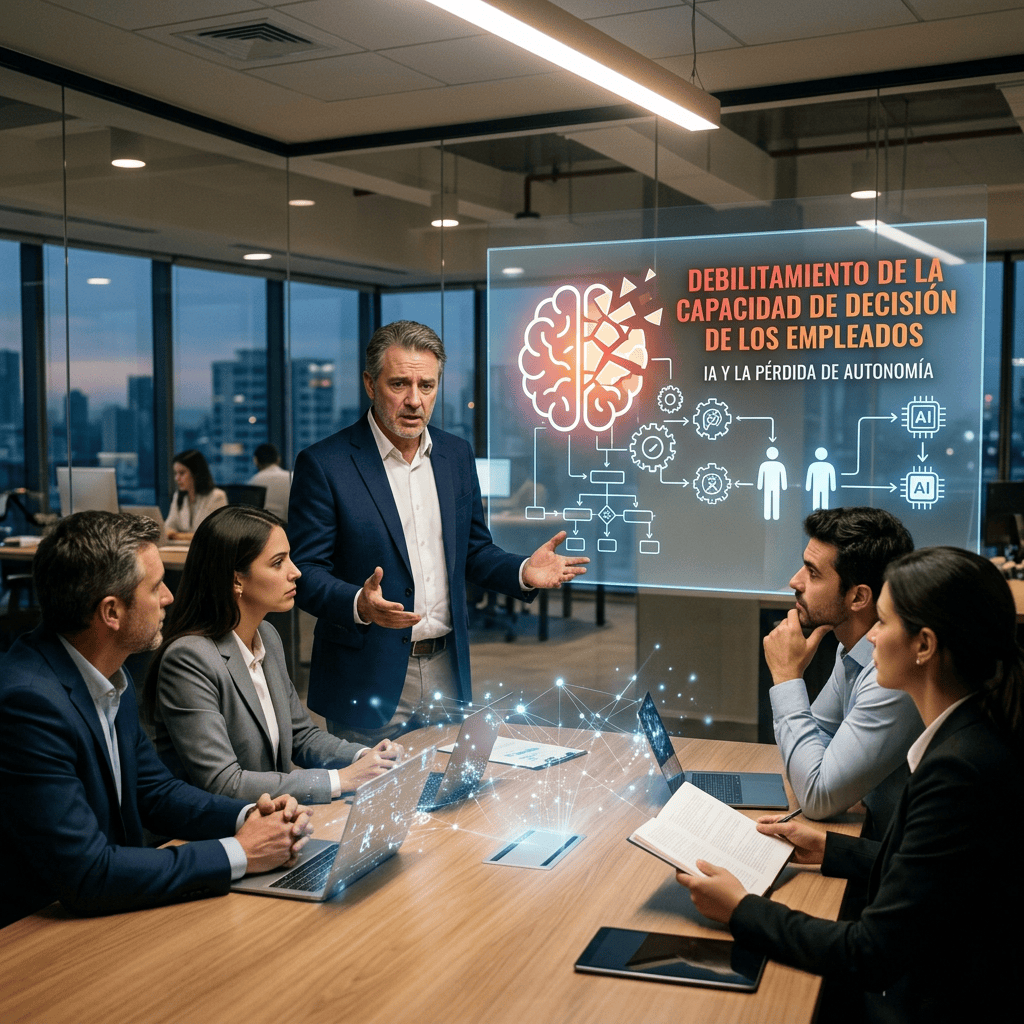 Reunión empresarial con diagrama: “DEBILITAMIENTO DE LA CAPACIDAD DE DECISIÓN DE LOS EMPLEADOS. IA Y LA PÉRDIDA DE AUTONOMÍA”.