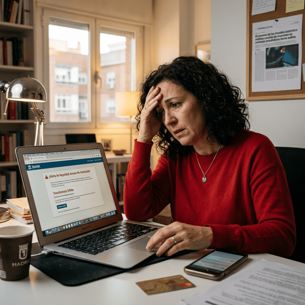 Woman reviewing a suspicious bank security alert on her laptop