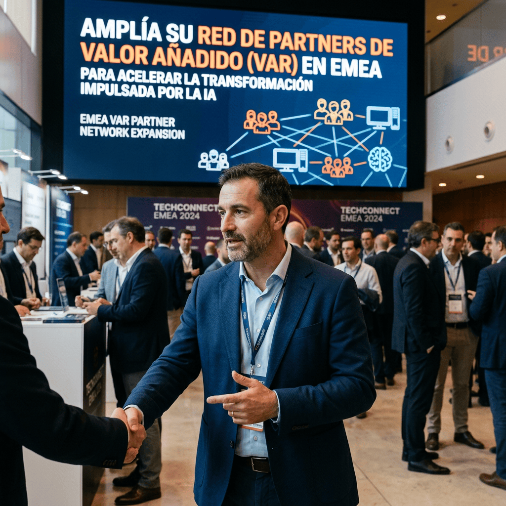 Business professional shaking hands beneath screen reading “AMPLÍA SU RED DE PARTNERS DE VALOR AÑADIDO (VAR) EN EMEA PARA ACELERAR LA TRANSFORMACIÓN IMPULSADA POR LA IA” and “EMEA VAR PARTNER NETWORK EXPANSION”; TechConnect EMEA 2024 banners visible.