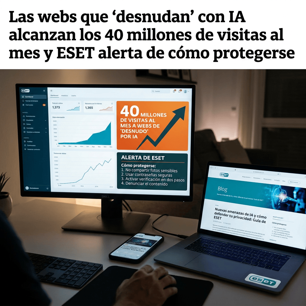 Titular: “Las webs que ‘desnudan’ con IA alcanzan los 40 millones de visitas al mes y ESET alerta de cómo protegerse”; pantallas muestran estadísticas y consejos de seguridad.