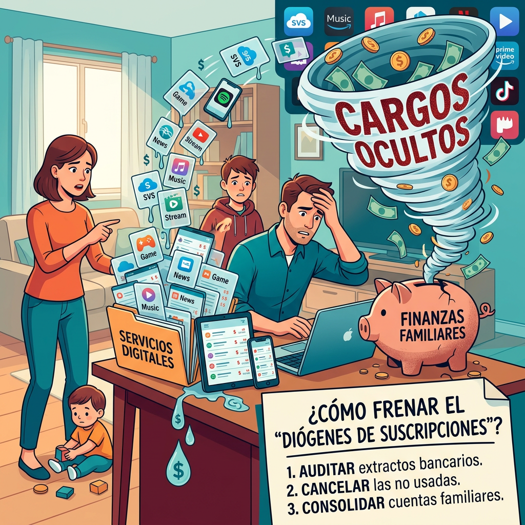 Ilustración familiar con tornado de suscripciones, texto “CARGOS OCULTOS”, “SERVICIOS DIGITALES”, “FINANZAS FAMILIARES” y consejos para auditar, cancelar y consolidar cuentas.