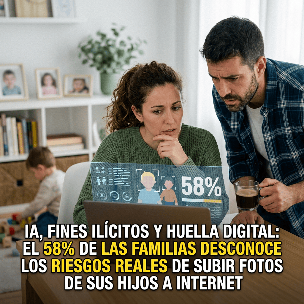 Spanish text: IA, fines lícitos y huella digital: el 58% de las familias desconoce los riesgos reales de subir fotos de sus hijos a Internet