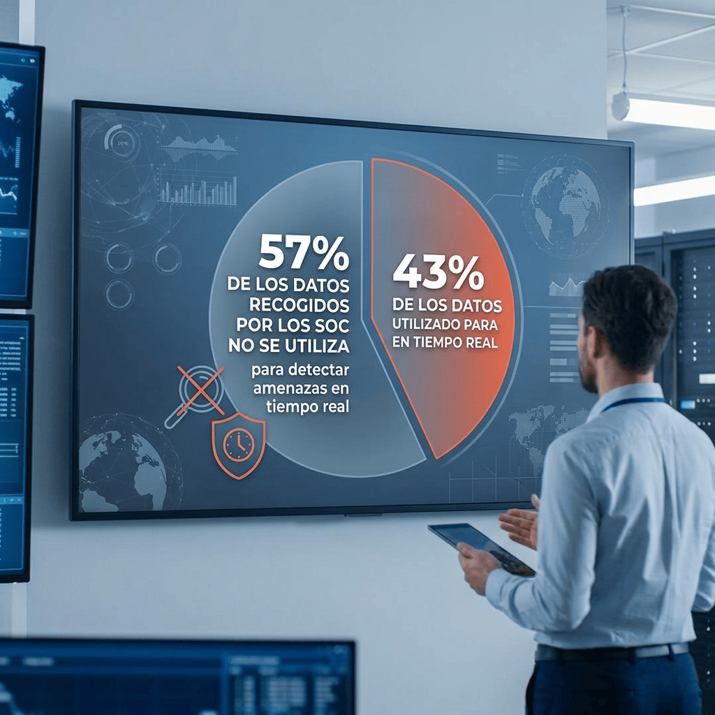 Panel con gráfico circular: “57% DE LOS DATOS RECOGIDOS POR LOS SOC NO SE UTILIZA para detectar amenazas en tiempo real” y “43% DE LOS DATOS UTILIZADO PARA EN TIEMPO REAL”.