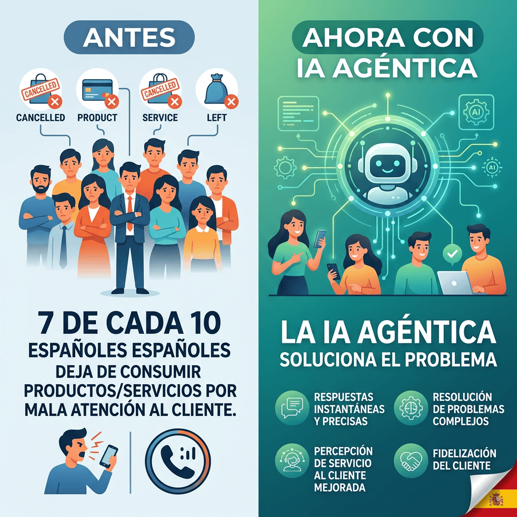 Infografía: ANTES, clientes cancelan productos y servicios o se van; 7 DE CADA 10 ESPAÑOLES ESPAÑOLES DEJA DE CONSUMIR PRODUCTOS/SERVICIOS POR MALA ATENCIÓN AL CLIENTE. AHORA CON IA AGÉNTICA: LA IA AGÉNTICA SOLUCIONA EL PROBLEMA, con RESPUESTAS INSTANTÁNEAS Y PRECISAS, RESOLUCIÓN DE PROBLEMAS COMPLEJOS, PERCEPCIÓN DE SERVICIO AL CLIENTE MEJORADA y FIDELIZACIÓN DEL CLIENTE.