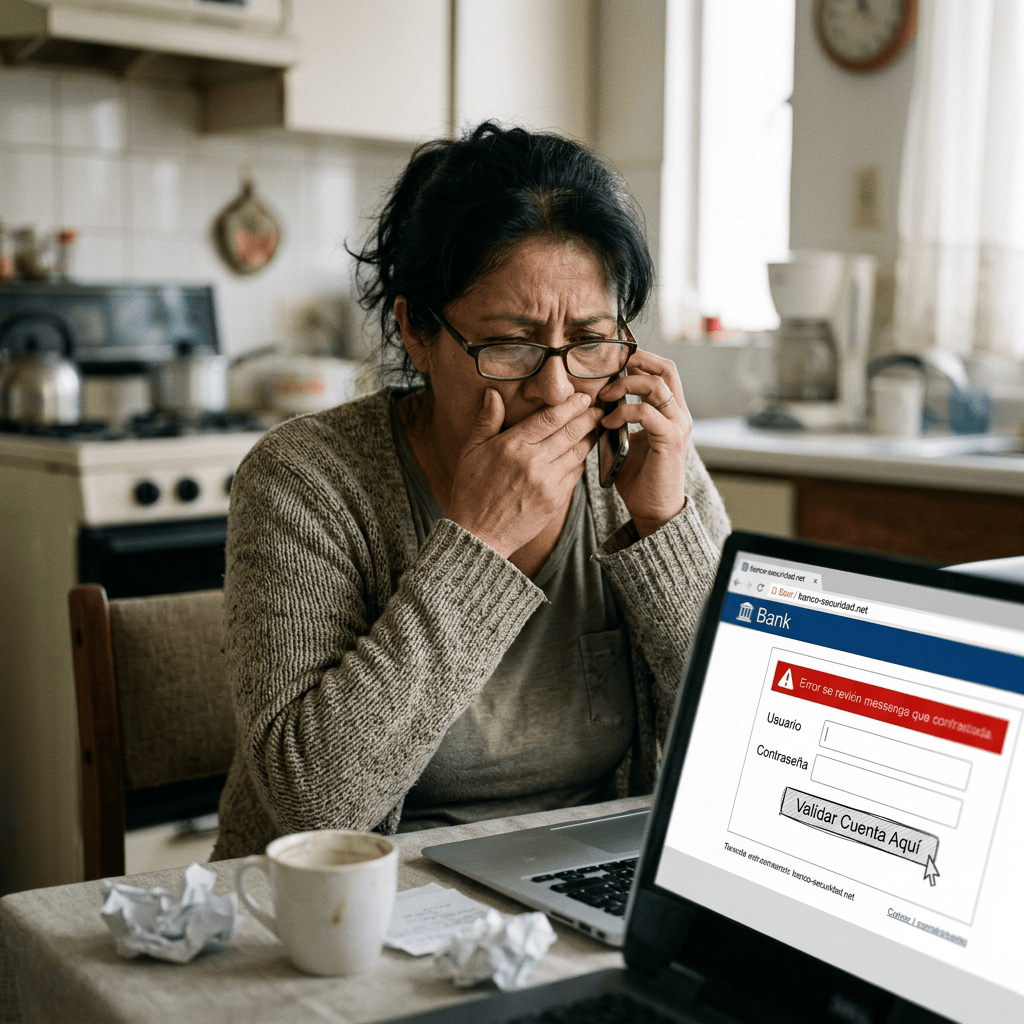 Woman on phone beside laptop showing a fake Spanish bank login page