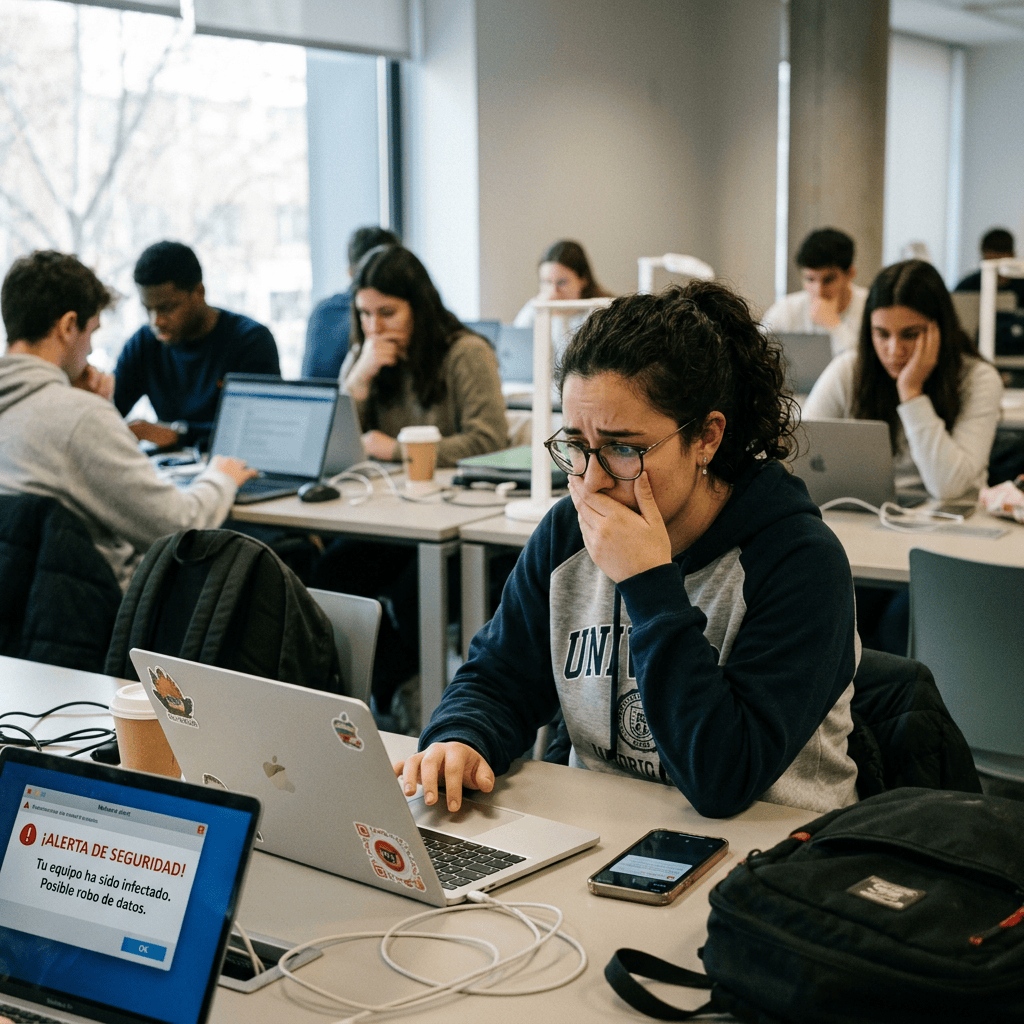 Student at laptop beside screen reading “¡ALERTA DE SEGURIDAD! Tu equipo ha sido infectado. Posible robo de datos.”