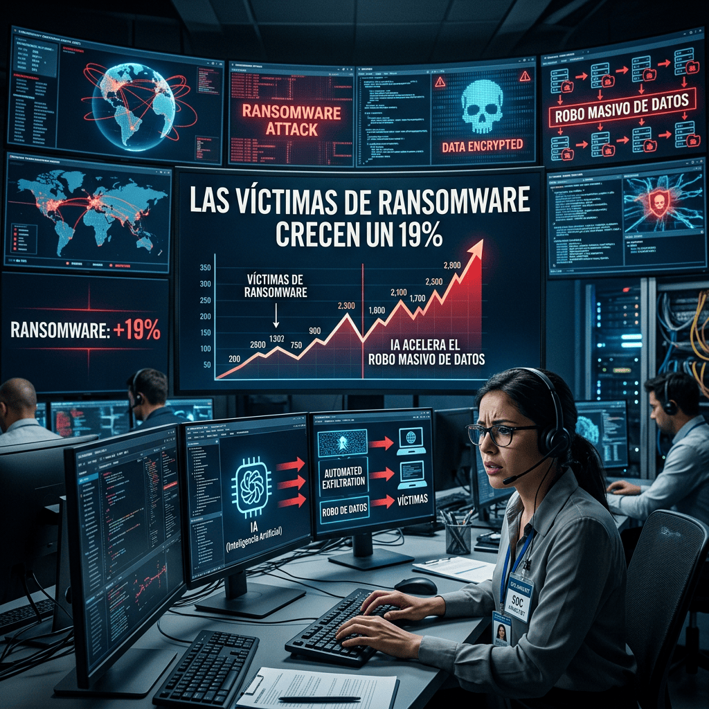 Centro de seguridad con pantallas sobre ransomware y robo de datos