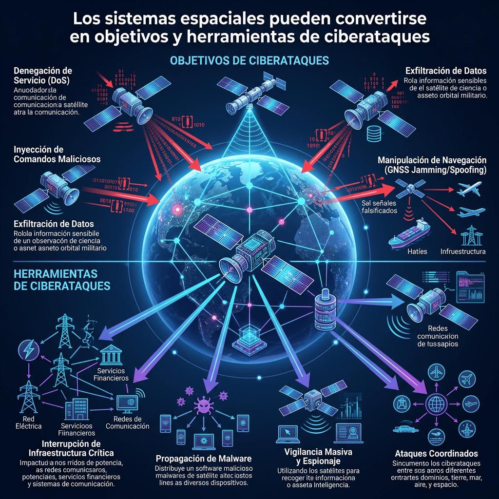 Infografía en español sobre objetivos y herramientas de ciberataques espaciales