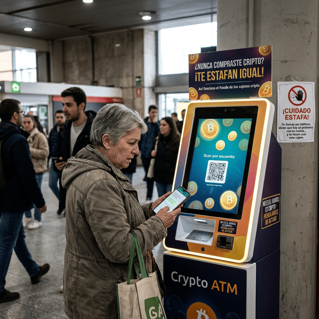Mujer usa cajero Crypto ATM; carteles: «¿Nunca compraste cripto? ¡Te estafan igual!» y «¡Cuidado estafa!»