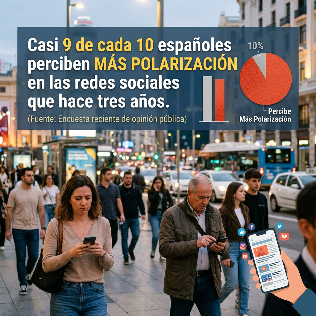 Texto: “Casi 9 de cada 10 españoles perciben MÁS POLARIZACIÓN en las redes sociales que hace tres años. (Fuente: Encuesta reciente de opinión pública)”. Gráfico: “10%” y “Percibe Más Polarización”.