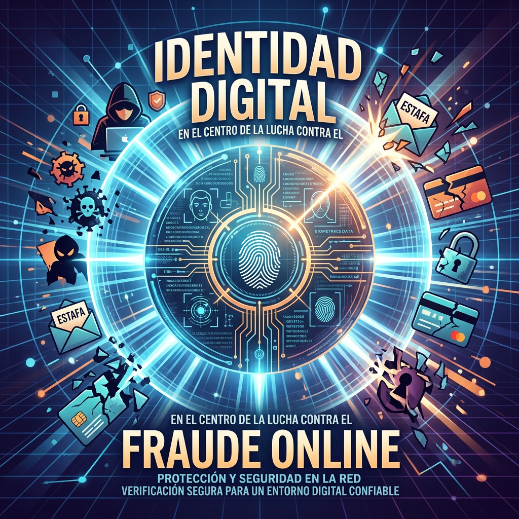 Digital identity and online fraud protection graphic with fingerprint security shield
