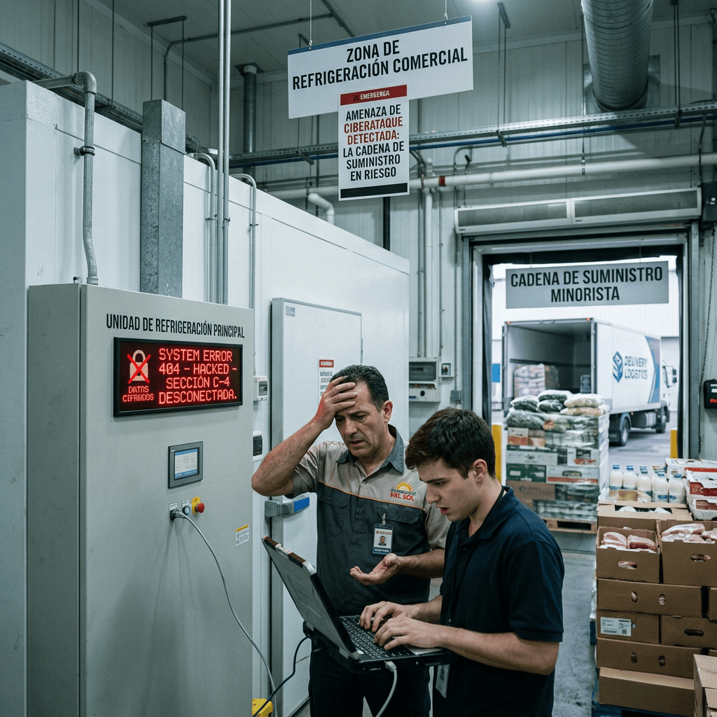 Two workers inspect failed refrigeration equipment beside Spanish warning signs and a delivery truck.