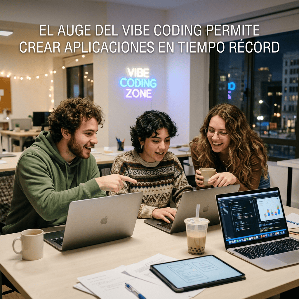Tres personas colaboran con computadoras bajo el texto “EL AUGE DEL VIBE CODING PERMITE CREAR APLICACIONES EN TIEMPO RÉCORD” y un letrero “VIBE CODING ZONE”.