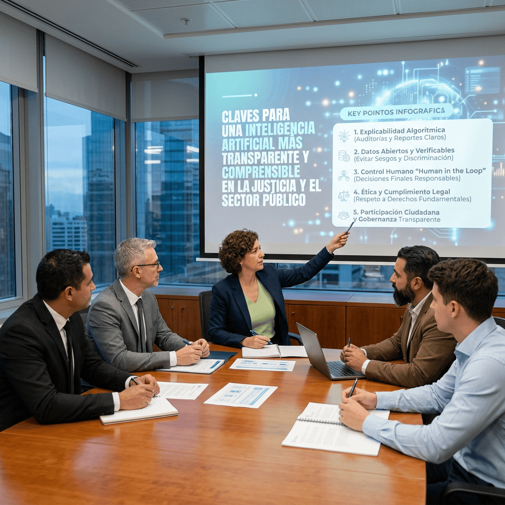 Team meeting with presentation on transparent artificial intelligence in justice and public services