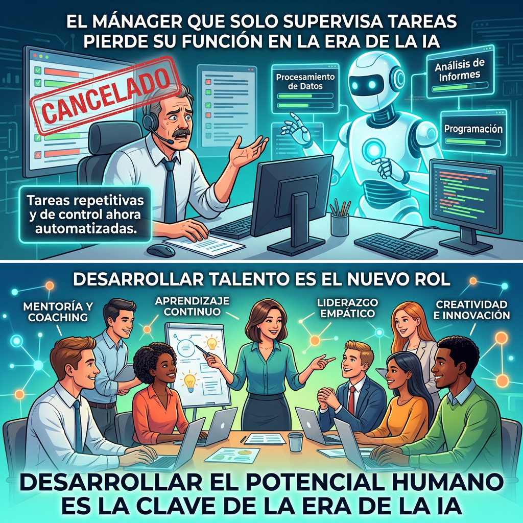 Infografía en español: "EL MÁNAGER QUE SOLO SUPERVISA TAREAS PIERDE SU FUNCIÓN EN LA ERA DE LA IA", "CANCELADO", "Procesamiento de Datos", "Análisis de Informes", "Programación", "Tareas repetitivas y de control ahora automatizadas", "DESARROLLAR TALENTO ES EL NUEVO ROL", "MENTORÍA Y COACHING", "APRENDIZAJE CONTINUO", "LIDERAZGO EMPÁTICO", "CREATIVIDAD E INNOVACIÓN", "DESARROLLAR EL POTENCIAL HUMANO ES LA CLAVE DE LA ERA DE LA IA".