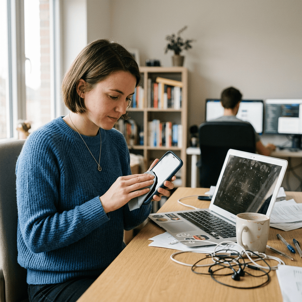 Woman cleaning a smartphone beside a laptop in a shared home office