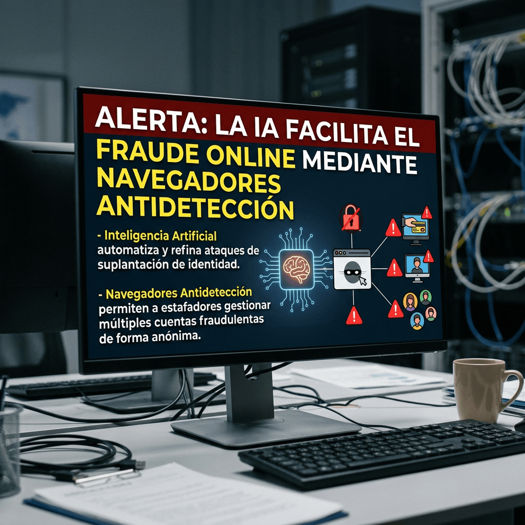 Monitor con texto: "ALERTA: LA IA FACILITA EL FRAUDE ONLINE MEDIANTE NAVEGADORES ANTIDETECCIÓN"; "- Inteligencia Artificial automatiza y refina ataques de suplantación de identidad"; "- Navegadores Antidetección permiten a estafadores gestionar múltiples cuentas fraudulentas de forma anónima".
