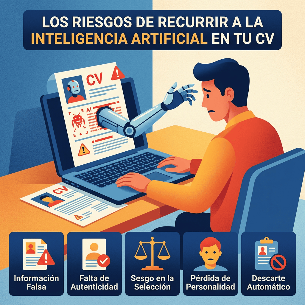 Los riesgos de recurrir a la inteligencia artificial en tu CV. Información falsa. Falta de autenticidad. Sesgo en la selección. Pérdida de personalidad. Descarte automático.