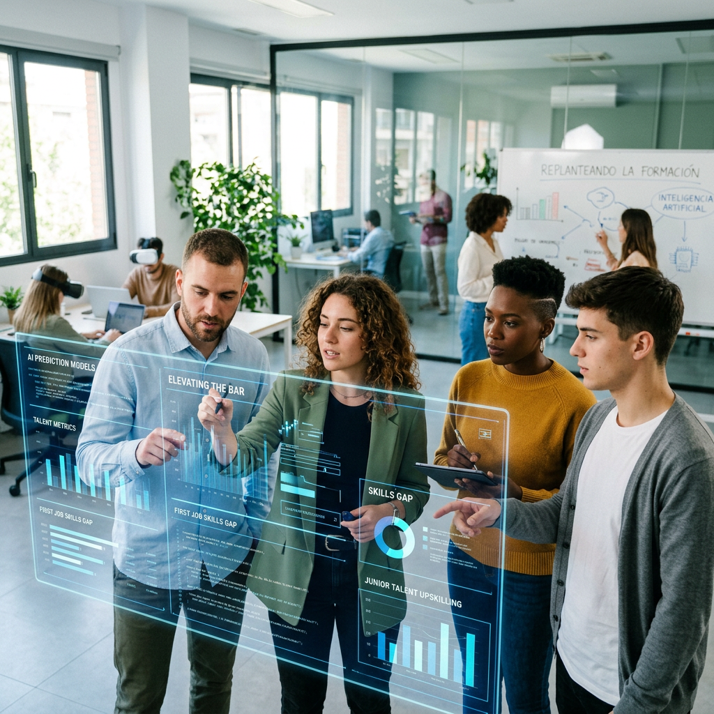 Diverse team reviewing holographic workforce analytics in an office