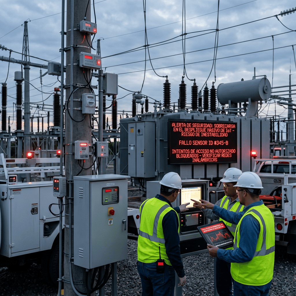 Technicians inspect substation equipment beneath warning sign reading: ALERTA DE SEGURIDAD: SOBRECARGA EN EL DESPLIEGUE MASIVO DE IoT - RIESGO DE INESTABILIDAD; FALLO SENSOR ID #345-B; INTENTOS DE ACCESO NO AUTORIZADO BLOQUEADOS - VERIFICAR REDES INALÁMBRICAS.