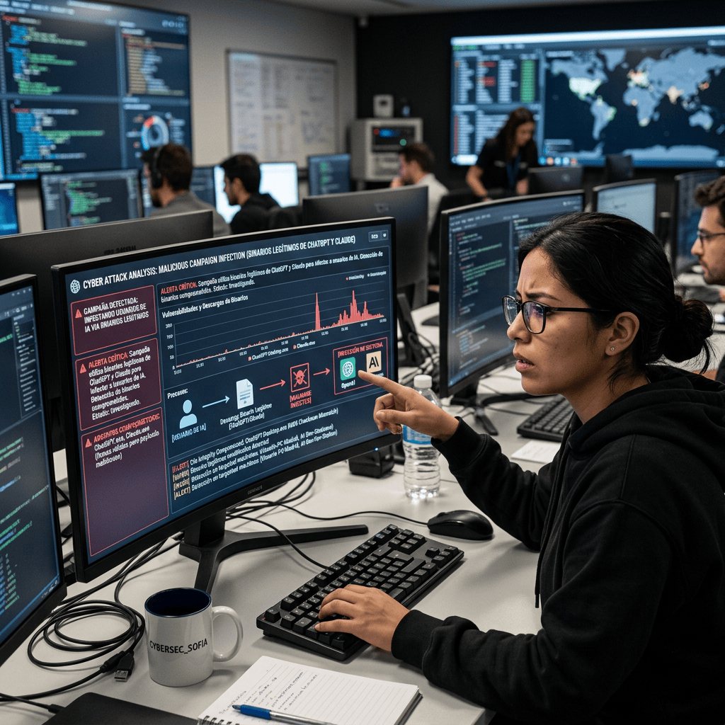 Analyst pointing at a cyberattack analysis dashboard in a security operations center