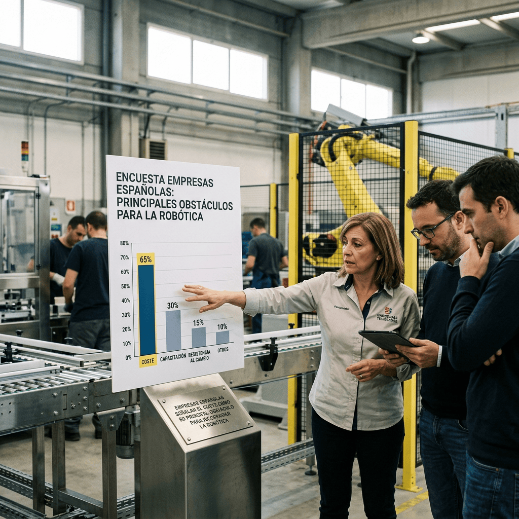 Cartel: “Encuesta empresas españolas: principales obstáculos para la robótica”. Gráfico: coste 65%, capacitación 30%, resistencia al cambio 15%, otros 10%. Placa: “Empresas españolas señalan el coste como principal obstáculo para la implantación de la robótica”.